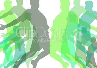 man jumping silhouettes in range  of greens with opacity. White background