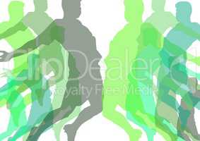 man jumping silhouettes in range  of greens with opacity. White background