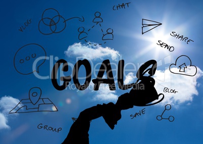 business hand  with trophy shade in the sky with graphic about goals behind