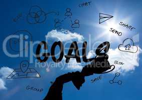 business hand  with trophy shade in the sky with graphic about goals behind