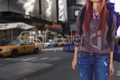 travel carrying bag against city background