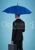Back of business man with umbrella against blue background and blue code