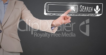 Business woman mid section pointing with flare behind white search bar against grey background