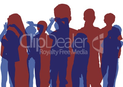 Group of kids silhouettes. Blue dancing and red posing. Overlap