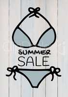 Summer sale text and blue bikini against white wood panel