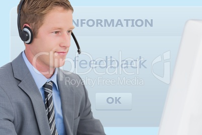 Close up of businessman  with handsfree phone in front of an information chart