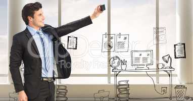 Digital composite image of businessman taking selfie against office drawings