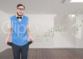 Portrait of businessman standing in office building with empty pockets representing loss of money