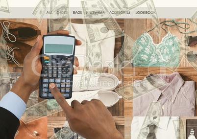 Double exposure of cropped hands using calculator with fashion accessories and currencies