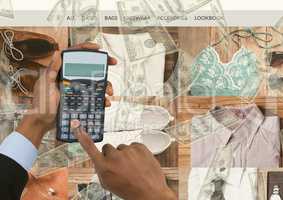 Double exposure of cropped hands using calculator with fashion accessories and currencies