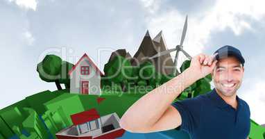 Digital image of delivery man standing against house and trees during sunny day