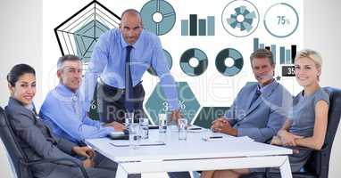 Digital image of business people in meeting against graphs