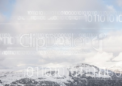 White binary code against snowy mountain tops