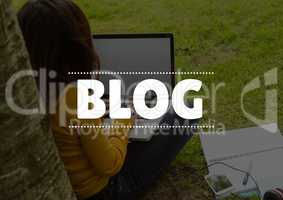 Blog text against woman with laptop under tree