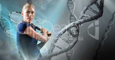 Tennis player with grey dna chain background and blue lights