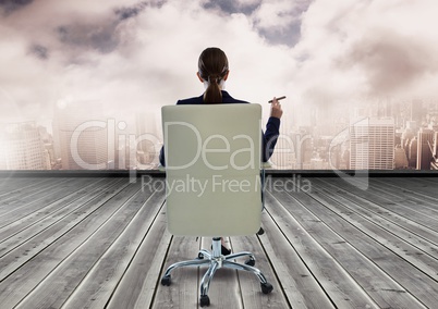 Businesswoman Back Sitting in Chair with cigar and city sky