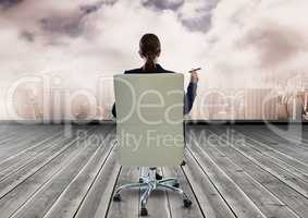 Businesswoman Back Sitting in Chair with cigar and city sky