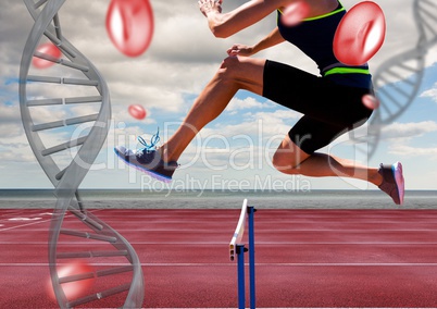 athlete jumping the hurdle with dna chains