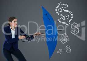 Business woman with umbrella against grey background and white money graphics