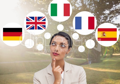 woman thinking in main languages in the park