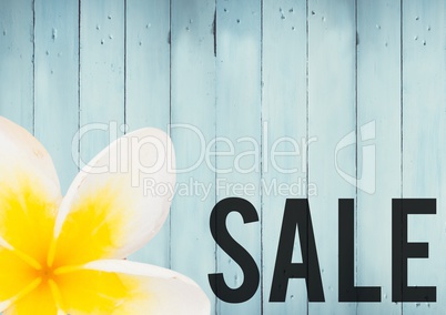 Sale graphic and yellow flower against blue wood panel