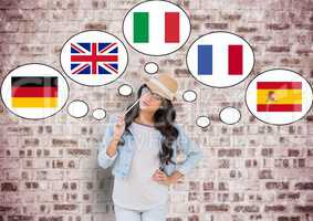 young happy woman thinking in main languages. Bricks wall background