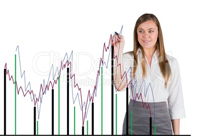 Businesswoman is drawing a graphics on the screen against white background