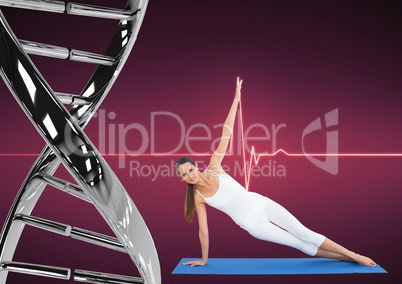 woman doing stretching with iron dna chain and pink background