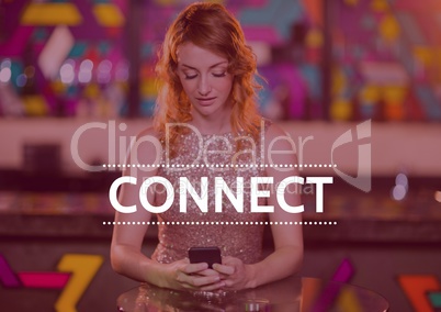 Connect text against woman on phone in club with red overlay