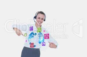 Business woman showing icons and wearing Headset