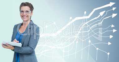 Business woman with clipboard against blue background with white graph