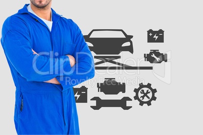 mechanic with arm crossed against car icons