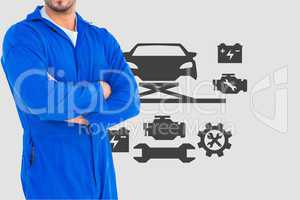 mechanic with arm crossed against car icons