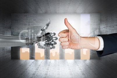 human hand touching robot hand against graphics background