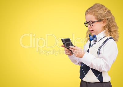 Girl with calculator against yellow background