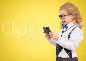 Girl with calculator against yellow background