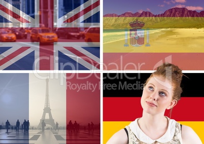 main language flags with typical things of the countries around young  woman thinking