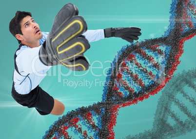 Soccer player with grey, blue and red dna chain and blue background with flares