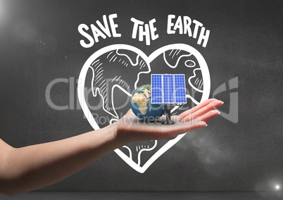 solar panel and earth on hand. Black wall background with save earth graffiti