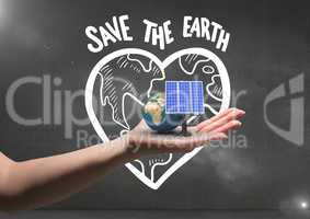 solar panel and earth on hand. Black wall background with save earth graffiti