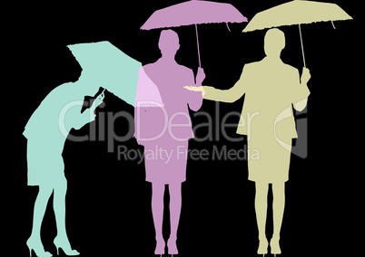 Businesswoman with umbrella  silhouettes in pastel colors. Black background