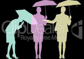 Businesswoman with umbrella  silhouettes in pastel colors. Black background