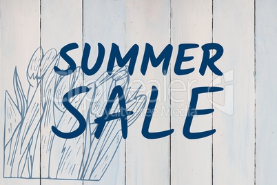Blue summer sale text and blue flower graphic against white wood panel