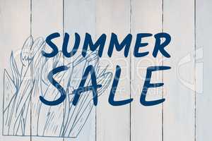 Blue summer sale text and blue flower graphic against white wood panel