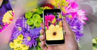 Cropped hand photographing flowers through smart phone