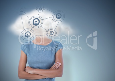 Business woman arms folded with cloud on head and blue network doodle against blue background