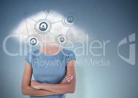 Business woman arms folded with cloud on head and blue network doodle against blue background