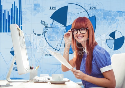 Red hair woman with glasses working on an office with blue digital background