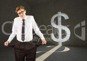 Young businessman with empty pockets in a dollar room