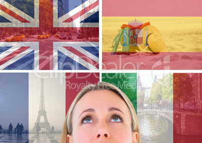 main language flags with opacity superimposed with country images around foreground of woman looking